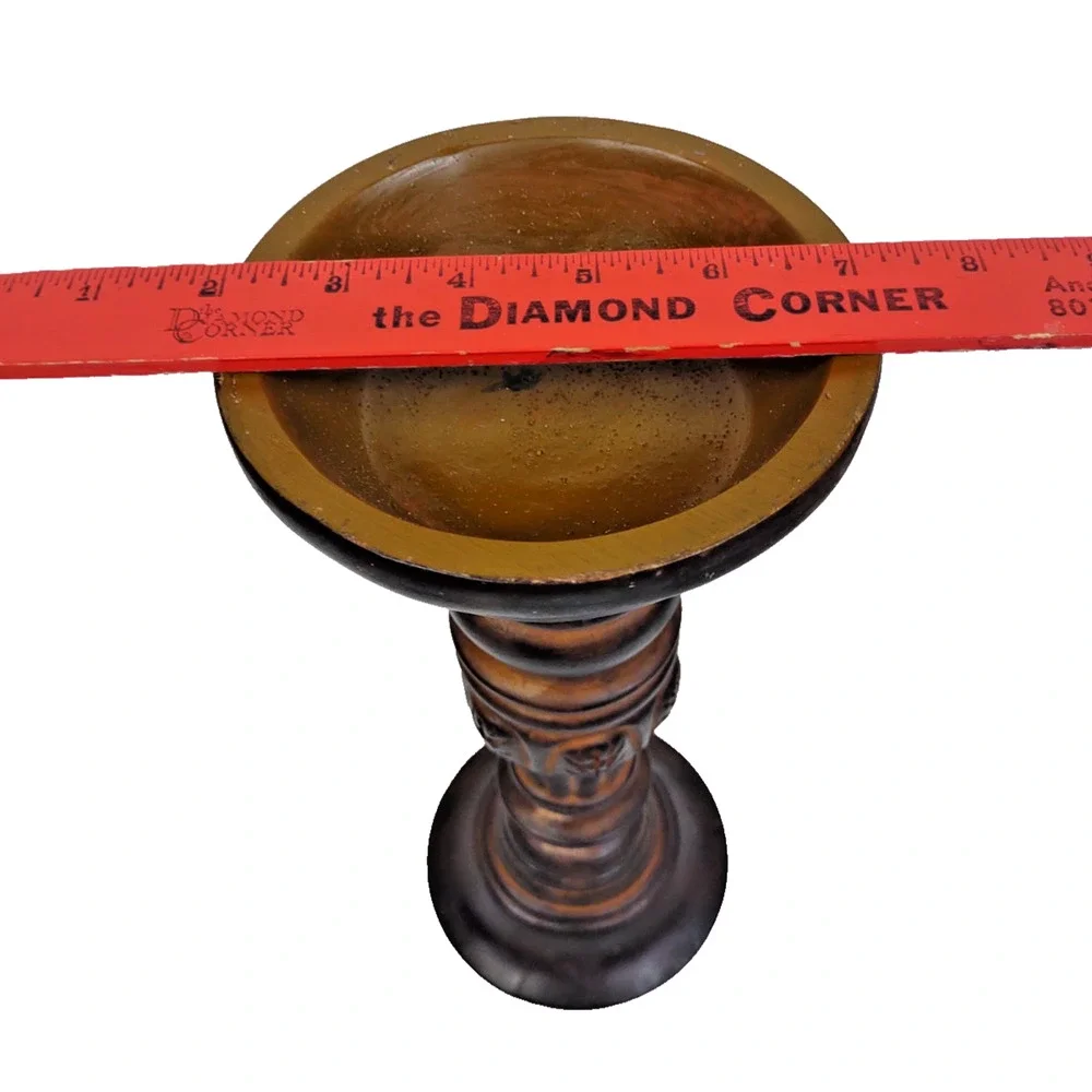 Vintage 12” Wooden Collectible Pillar Candlestick Holder with Carving, 4” Candle
